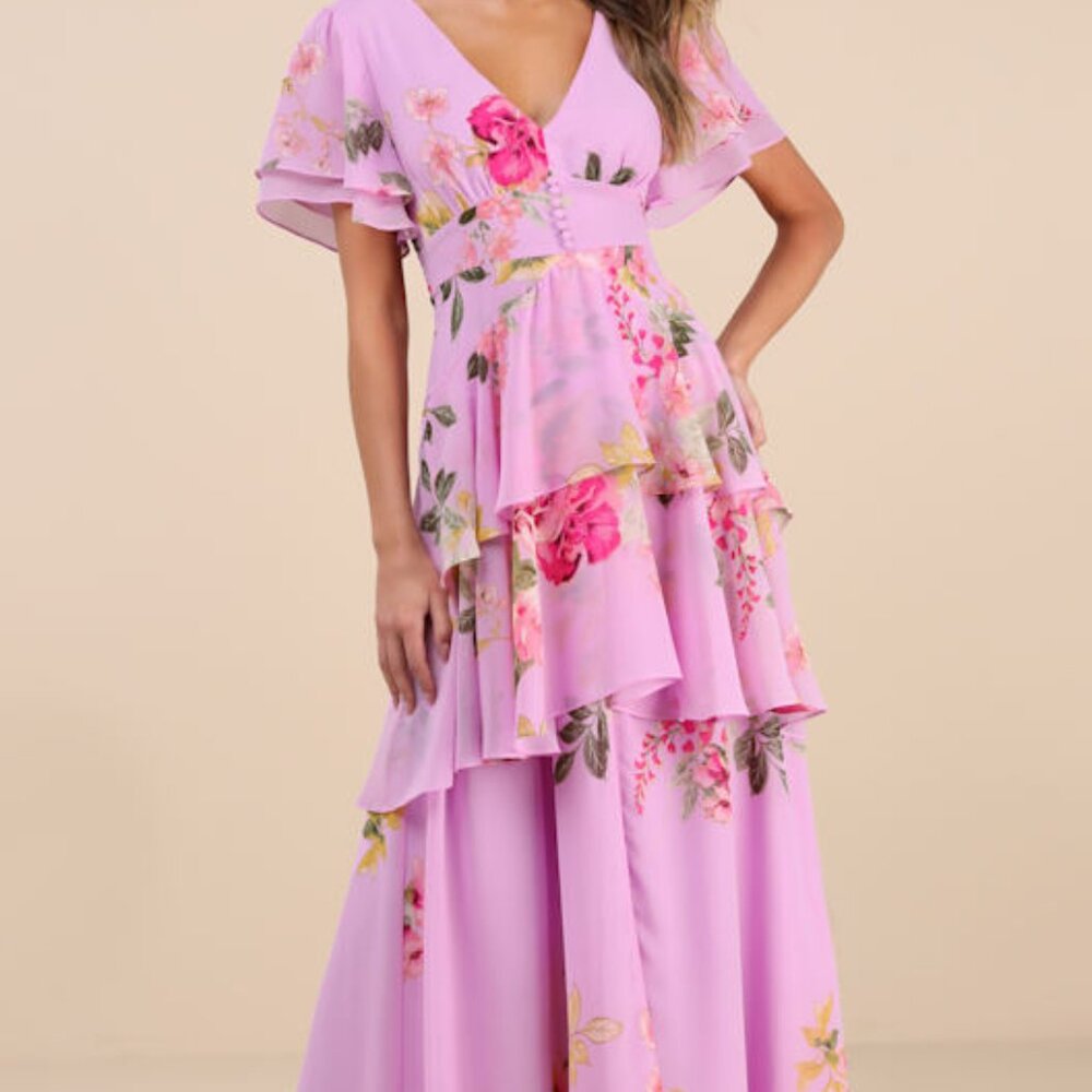Lulus Midnight Mood Lilac Floral Print Tiered Maxi Dress Purple - Size M